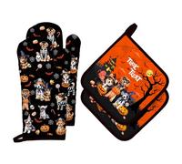 Arquiel Gants De Four & Maniques Halloween Chien Lot De 4, 100% Coton Maniques Cuisine Gant Four Anti Chaleur Extra-Longue pour Barbecue, Griller,Micro-Ondes Décoration Cadeaux Vacances