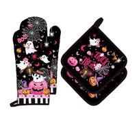 Arquiel Gants De Four & Maniques Halloween Rose Fantôme Lot De 4, 100% Coton Maniques Cuisine Gant Four Anti Chaleur Extra-Longue pour Barbecue, Griller,Micro-Ondes Décoration Cadeaux Vacances