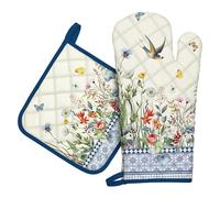 Arquiel Gants De Four & Maniques Lot De 2, 100% Coton Maniques Cuisine Gant Four Anti Chaleur Extra-Longue pour Barbecue, Cuisine, Griller, Micro-Ondes(Fleurs et Oiseaux rétro Bleus)