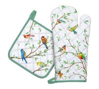 Arquiel Gants De Four & Maniques Lot De 2, 100% Coton Maniques Cuisine Gant Four Anti Chaleur Extra-Longue pour Barbecue, Cuisine, Griller, Micro-Ondes(Branche Oiseau)