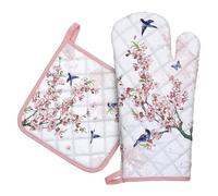 Arquiel Gants De Four & Maniques Lot De 2, 100% Coton Maniques Cuisine Gant Four Anti Chaleur Extra-Longue pour Barbecue, Cuisine, Griller, Micro-Ondes(Oiseau de Branche de Fleur Rose)