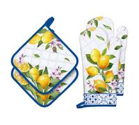 Arquiel Gants De Four & Maniques Lot De 2, 100% Coton Maniques Cuisine Gant Four Anti Chaleur Extra-Longue pour Barbecue, Cuisine, Griller,Micro-Ondes(Citron)