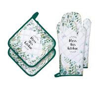 Arquiel Gants De Four & Maniques Lot De 2, 100% Coton Maniques Cuisine Gant Four Anti Chaleur Extra-Longue pour Barbecue, Cuisine, Griller,Micro-Ondes(Feuilles d'eucalyptus)