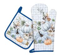 Arquiel Gants De Four & Maniques Lot De 2, 100% Coton Maniques Cuisine Gant Four Anti Chaleur Extra-Longue pour Barbecue, Cuisine, Griller,Micro-Ondes(Citrouille Bleue d'automne)