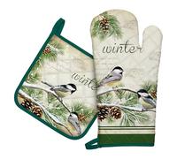 Arquiel Gants De Four & Maniques Lot De 2 Noël, 100% Coton Maniques Cuisine Gant Four Anti Chaleur Extra-Longue pour Barbecue, Cuisine, Griller,Micro-Ondes(Oiseau d'hiver)