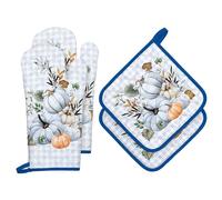 Arquiel Gants De Four & Maniques Lot De 4, 100% Coton Maniques Cuisine Gant Four Anti Chaleur Extra-Longue pour Barbecue, Cuisine, Griller, Micro-Ondes(Citrouille Bleue d'automne)