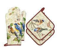 Arquiel Gants De Four & Maniques Lot De 4, 100% Coton Maniques Cuisine Gant Four Anti Chaleur Extra-Longue pour Barbecue, Cuisine, Griller, Micro-Ondes(Oiseau rétro)