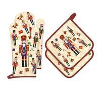 Arquiel Gants De Four & Maniques Lot De 4 Noël, 100% Coton Maniques Cuisine Gant Four Anti Chaleur Extra-Longue pour Barbecue, Cuisine, Griller, Micro-Ondes(Casse-Noisette de Noël)