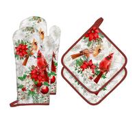 Arquiel Gants De Four & Maniques Lot De 4 Noël, 100% Coton Maniques Cuisine Gant Four Anti Chaleur Extra-Longue pour Barbecue, Cuisine, Griller, Micro-Ondes(Oiseau Rouge de Noël)