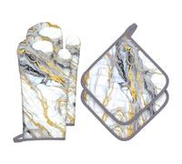 Arquiel Gants De Four & Maniques Marbre Beige Doré Lot De 4, 100% Coton Maniques Cuisine Gant Four Anti Chaleur Extra-Longue pour Barbecue, Griller,Micro-Ondes Décoration Cadeaux Vacances