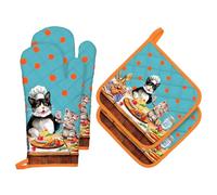 Arquiel Gants De Four & Maniques Mignon Chat Lot De 2, 100% Coton Maniques Cuisine Gant Four Anti Chaleur Extra-Longue pour Barbecue, Cuisine, Griller,Micro-Ondes