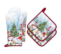 Arquiel Gants De Four & Maniques Noël Hiver GNOME Lot De 4, 100% Coton Maniques Cuisine Gant Four Anti Chaleur Extra-Longue pour Barbecue, Griller,Micro-Ondes Décoration Cadeaux Vacances