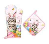 Arquiel Gants De Four & Maniques Pâques Chat Lot De 2, 100% Coton Maniques Cuisine Gant Four Anti Chaleur Extra-Longue pour Barbecue, Cuisine, Griller,Micro-Ondes