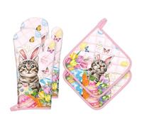 Arquiel Gants De Four & Maniques Pâques Chat Lot De 2, 100% Coton Maniques Cuisine Gant Four Anti Chaleur Extra-Longue pour Barbecue, Cuisine, Griller,Micro-Ondes