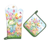 Arquiel Gants De Four & Maniques Pâques Lapin Lot De 2, 100% Coton Maniques Cuisine Gant Four Anti Chaleur Extra-Longue pour Barbecue, Cuisine, Griller,Micro-Ondes