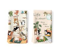 Arquiel Lot de 2 Torchons de Cuisine Chat Décoratif Essuie Main Absorbante 100% Coton Amoureux des Chats Torchon Vaisselle Saisonnier Cadeaux pour Crémaillère et Cuisine 48 cm x 70 cm