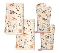 Arquiel Lot de 4 Chats Gants et maniques en Coton Résistant à Chaleur, Torchon Cuisine en Polyester Absorbant pour la Cuisson du Barbecue Cadeaux pour Les Amoureux des Chats