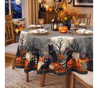 Arquiel Nappe Halloween Chat Noir Polyester Ronde Ø 180 cm | Nappe Halloween en polyester lavable à chat noir, citrouilles et chauves-souris, réutilisable et déperlante pour fêtes.