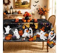 Arquiel Nappe Halloween Fantômes Polyester Rectangulaire 152x304cm | Nappe Halloween en polyester lavable à fantômes, citrouilles et château, réutilisable et déperlante pour repas et fêtes.