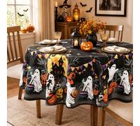 Arquiel Nappe Halloween Fantômes Polyester Ronde Ø 180 cm | Nappe Halloween en polyester lavable à fantômes, citrouilles et château, réutilisable et déperlante pour repas et fêtes.