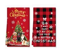 Arquiel Noël Torchons de Cuisine Lot de 2, Chien Rouge d'hiver Essuie Main Absorbante Torchon Vaisselle Saisonnier Cadeaux pour Crémaillère et Noël Décoratif 40 cm x 60 cm