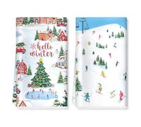 Arquiel Noël Torchons de Cuisine Lot de 2, Ski d'hiver Essuie Main Absorbante Torchon Vaisselle Saisonnier Cadeaux pour Crémaillère et Noël Décoratif 40 cm x 60 cm