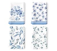 Arquiel Torchons De Cuisine Coton Vaisselle Lot de 4, Serviettes de Cuisine Torchon Vaisselle 100% Coton avec Accroche Très Absorbant Serviettes de Bar 48 x 70CM Fleurs Et Feuilles Bleues