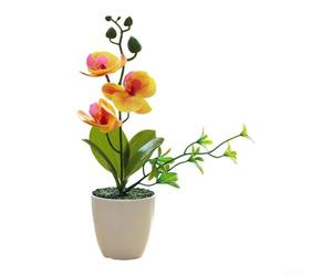 Arrangement d'orchidées synthétiques dans un vase pour le salon - Forme de fleur réaliste et posture de la tige pour une composition équilibrée (jaune)