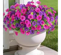 Arrangement floral artificiel d'extérieur avec gloire du matin et eucalyptus 10 bouquets pour vase pot ou panier suspendu (10 rose rouge et violet)