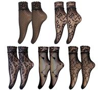 arrderly Lot de 5 paires de chaussettes résille sexy en dentelle pour femmes et filles, Noir , Taille unique