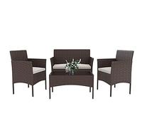 Arreditaly Ensemble de meubles de jardin salon salon en rotin 4 places avec table basse et étagère en verre 2 fauteuils et canapé 2 places pour jardin extérieur piscine coussins amovibles (Brown)