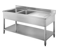Arredo Chef Plonge INOX pour Cuisine Professionnelle, Bar, hôtel, Restaurant, collectivité.… (180 x 70 x h 95 cm, 2 Bacs à Gauche)