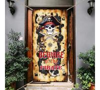arricraft 1 Pc Bannière de Porte Attention aux Pirates Carte au Trésor Crâne Roue de Navire Ancre Motifs Toile de Fond D'Anniversaire D'Halloween Accessoires de Photomaton pour Fête Sur le Thème