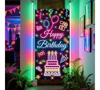 arricraft 1 pc Bonne porte d'anniversaire en polyester, gâteau d'anniversaire en néon Glow fond bannière porte porche signe photographie fond pour porche d'école accessoires de décor intérieur