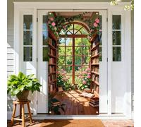 arricraft 1 Pc Sunlit Livres Polyester Porte Cover, 72.83 "x35.43" Serene Jardin Bibliothèque Vert-Fond Bannière Porte Porch Signe Photographie Fond pour Accessoires Décoration de la Maison de Fête