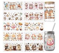 arricraft 10 comprimés café thème animal UV DTF tasse paquet pour 16OZ verre Capybara Chat Chien Sloth Cartoon PVC transfert autocollant pour DIY tasse bouteille 24x11cm / 9.4x4.3 pouces