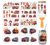 arricraft 10 feuille de Film Plastique UV DTF pour Gobelets en Verre Motif Camion de Pompiers Autocollants en PVC Pompiers Hommes et Femmes Maison en Feu pour Tasses Meubles en Bois 9.4x4.3 pouces