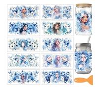 arricraft 10 feuilles Fairy UV DTF Cup Wrap pour verre de 16OZ, fleurs bleues et blanches frottez-vous sur des autocollants pour des tasses de bricolage Décoration de la maison 24x11cm / 9.4x4.3inch