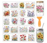 arricraft 10 feuilles fleur thème UV DTF gobelet enveloppes, 10 styles plantes fleurs papillon libellule PVC transfert autocollants pour 16 oz tasses en verre 9.5x4.3Inch