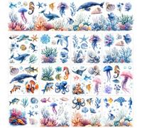 arricraft 12 feuille de Transferts stickers fenetre Sur le Thème des Animaux Marins pour L'Artisanat Autocollants de Transfert à Frotter en PVC pour Fenêtre de Maison Bois Dauphins Poulpes et Méduses