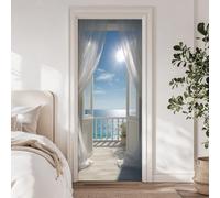 arricraft 2 autocollant porte, 31,5 "x78,7" vue sur l'océan du balcon ciel bleu et nuages blancs porte muraux autocollants PVC fond d'écran amovible pour les chambres Salle de séjour