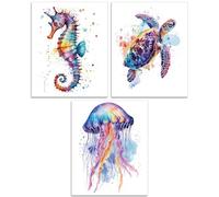 arricraft 3 affiche Murale en Forme D'Animal Marin, Tortue Méduse Hippocampe Aquarelle Art Imprimé Papier Sans Cadre Océan Animaux Photo Affiches pour Salon Chambre Mur Esthétique 25.5x20.5 cm