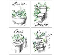 arricraft 4 affiches de Salle de Bain Vertes, 4 Styles de Baignoire Sans Cadre Lavabo de Toilette Photo Impression Relax Tremper Unwind Breathe Signe Boho Salle de Bain Décoration Murale Papier