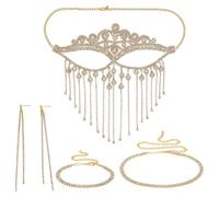 arricraft 4 Pcs Masque Masquerade pour les femmes Strass Jewelry Set, Chaîne de cristal Tassel Face Eye Mask Boucle d'oreille Bling Collier Bracelets pour la fête de mariage Cosplay Costume Party