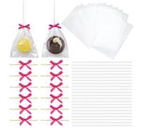 arricraft 60 lot de Sachets Transparents pour Rice Krispies Treats Kit Riz pour Cakesicles Sachets en avec Bâtonnets en Papier et Rubans pour Guimauves Macaron Pop Candy Biscuits aux Pommes (Rose)