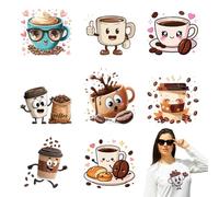 arricraft 9 feuilles Fun et mignon fer à café sur decals patches, anthropomorphe café amour lunettes grains de café PET patches lavables pour bricolage vêtements décor, 8,66 pouces (22cm) Long