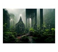 Arrière-plan d'aquarium temple antique de la jungle, colonnes de pierre, mystérieux brumeux, forêt tropicale, plantes vertes, fond d'aquarium, ruines de roches brumeuses, reptiles, 91,4 x 61 cm