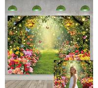 Arrière-plan de forêt enchantée, printemps vert, papillon, fleur, arrière-plan pour photographie, princesse, fée, thé, fête d'anniversaire, gâteau, décoration de table, bannière (210 x 150 cm)