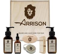 ☆ ARRISON® BEARD ☆ Kit Barbe Homme Fabriqué en Italie + Boîte en bois de bouleau avec shampooing, revitalisant, cire, huile à barbe - Peigne et brosse en bois de hêtre et poils de sanglier