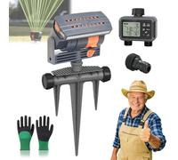 Arroseur oscillant à 16 buses avec minuterie d'arrosage double zone, système d'irrigation réglable, outil d'arrosage étanche robuste, couverture de 900 m (style B + minuterie double zone)